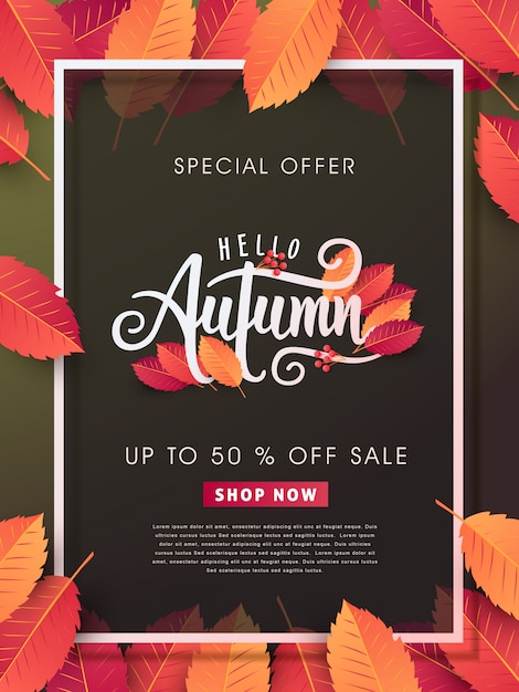 Diseño de venta de otoño decorar con hojas para banner de web de venta de compras.