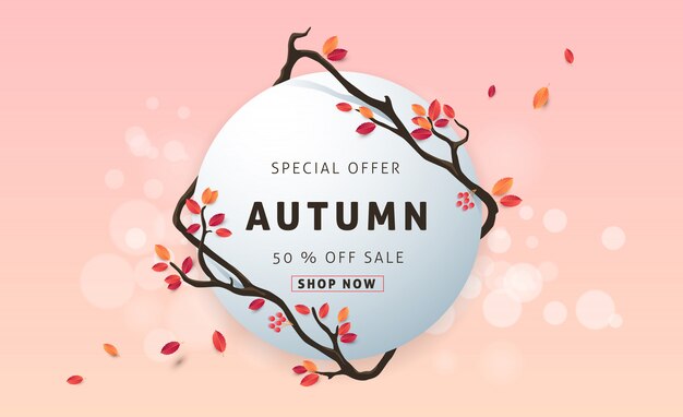 Diseño de venta de otoño decorar con hojas para banner de web de venta de compras.