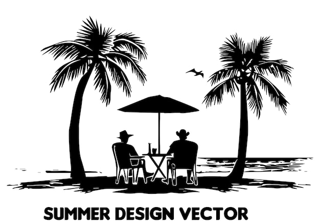 diseño de verano palmera sentado en la silla frente a la mesa y el paraguas hombre vector