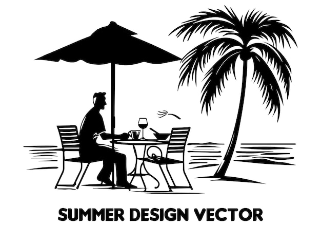 diseño de verano palmera sentado en la silla frente a la mesa y el paraguas hombre vector