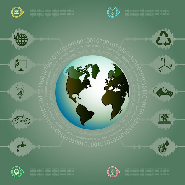Diseño verde con globo y símbolos de ecología.