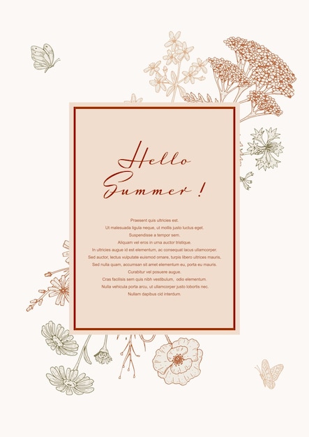 Diseño vertical de verano con flores silvestres Ilustración vectorial dibujada a mano en estilo boceto