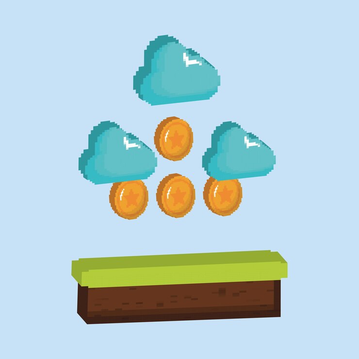 Vector diseño de videojuego con monedas y nubes pixeladas