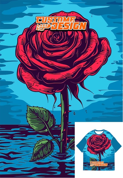 Diseño vintage de rosas en agua con fondo azul