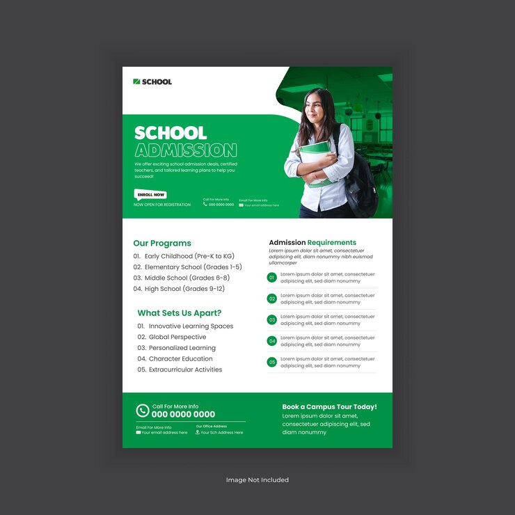 Vector diseño de volante de admisión a la escuela y backtoschool moderno modelo de folleto de cartel