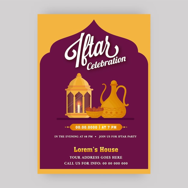 Diseño de volante de celebración de Iftar con detalles del evento en color amarillo y rosa.