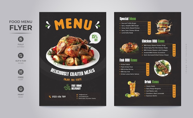 Diseño de volante de dos lados del menú de comida del restaurante