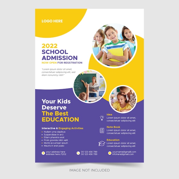 Diseño de volante escolar o plantilla de vector premium de volante de educación para niños