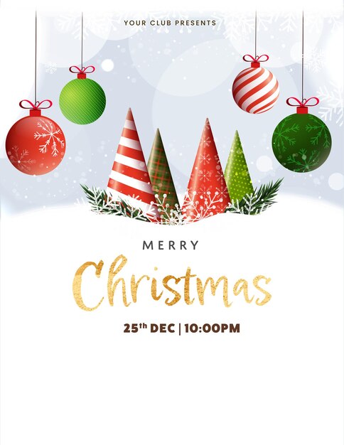 Diseño de volante de feliz Navidad con árboles de Navidad en 3D en varios patrones, adornos para colgar y copiar espacio sobre fondo blanco de nevadas Bokeh.