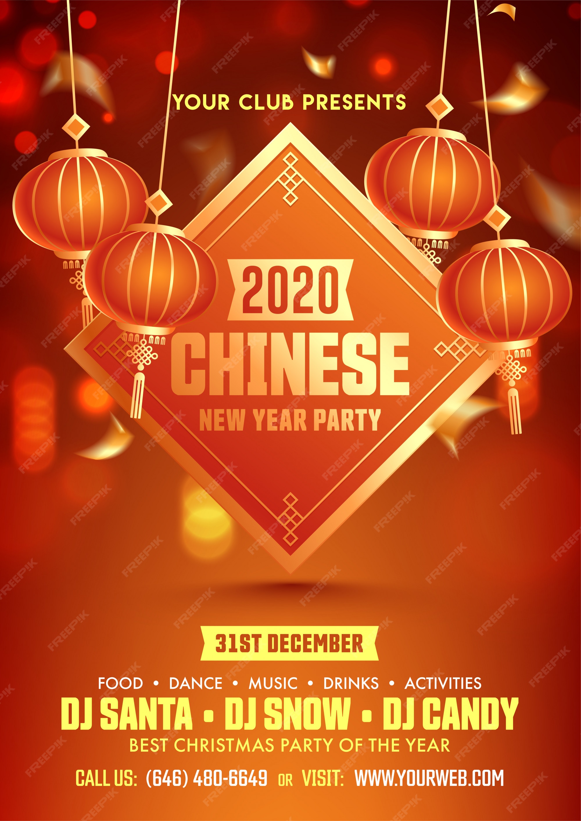 de volante de fiesta del año chino 2020 con linternas colgantes decoradas en marrón | Vector Premium
