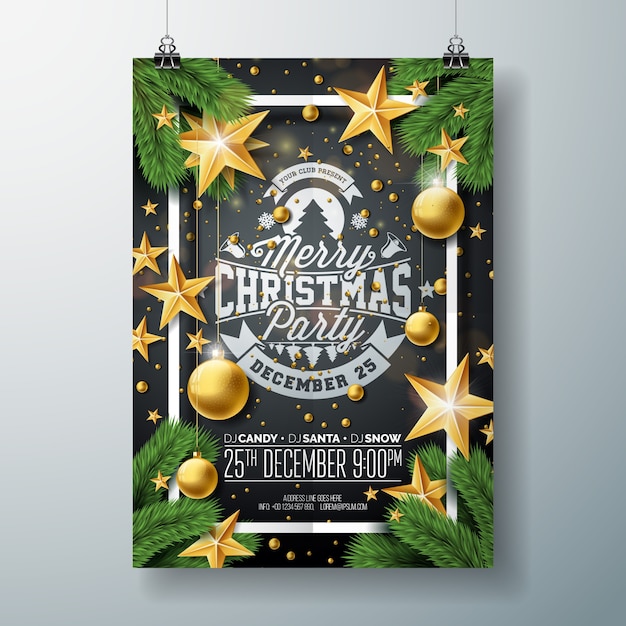 Diseño de volante de fiesta de Navidad con elementos de tipografía de vacaciones y bola ornamental