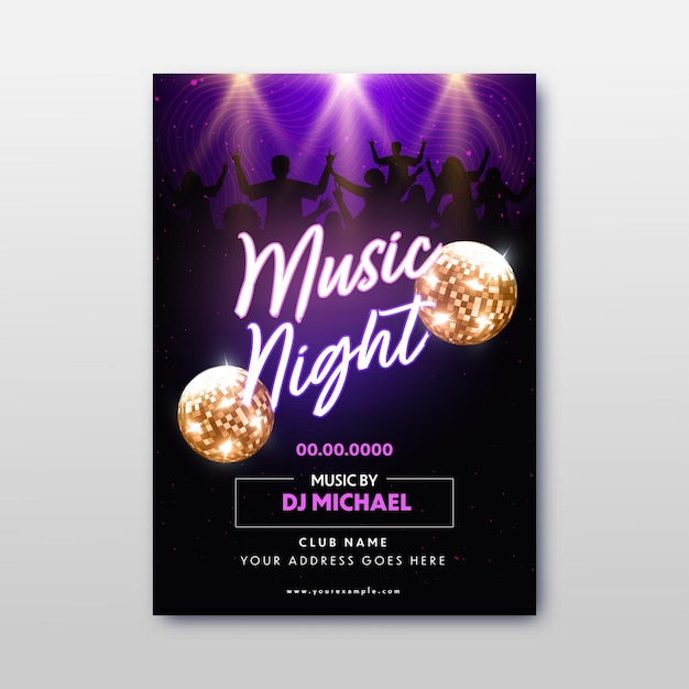 Diseño de volante de fiesta nocturna de música con bolas de discoteca y detalles del evento