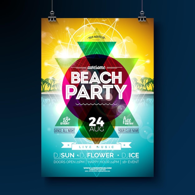 Diseño de volante de fiesta de playa de verano con elementos de diseño abstractos y letras tipográficas en tropicales