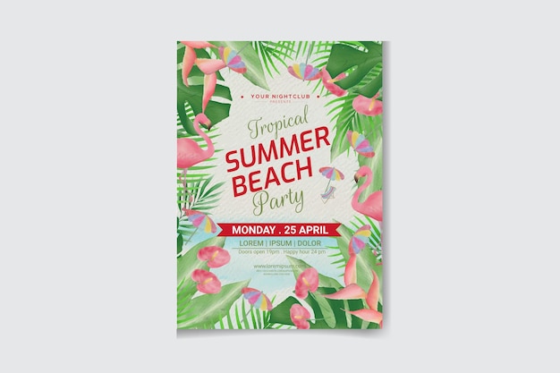 Diseño de volante de fiesta en la playa de verano con hojas de palma tropical y flores.