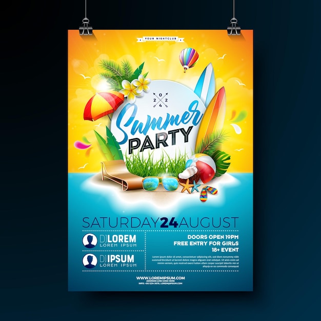 Diseño de volante de fiesta de playa de verano vectorial con flores y tipografía en fondo de paisaje oceánico