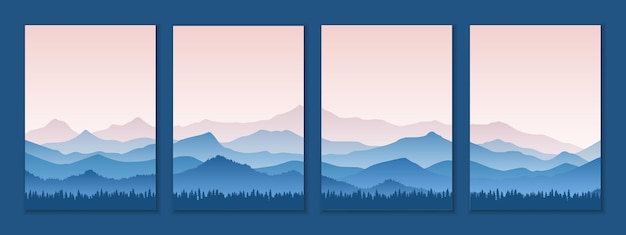 Diseño de volante de folleto, fondo vectorial, amanecer en las montañas, formato vertical a4