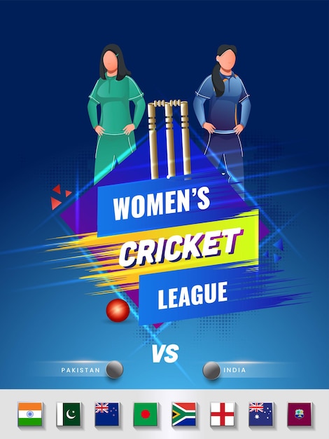 Diseño de volante de la liga de cricket de mujeres con jugadores de países participantes de pakistán vs india sobre fondo de efecto de semitono azul