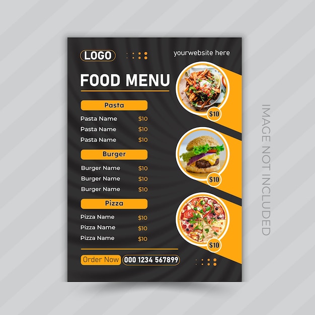 Diseño de volante de menú de alimentos de restaurantes vectoriales con plantilla de impresión de alimentos