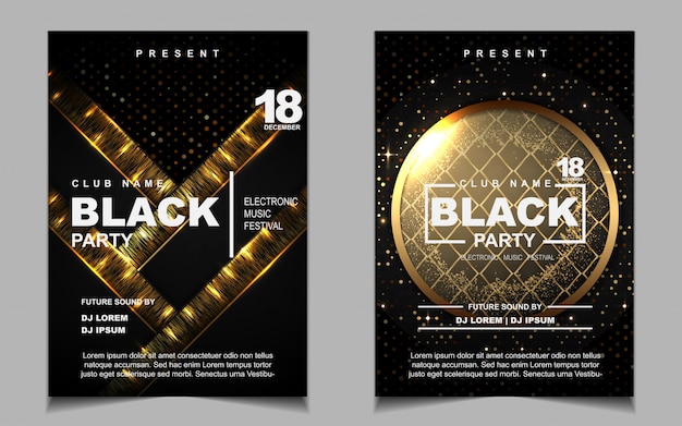 Vector diseño de volante o cartel de música de fiesta de baile nocturno negro y dorado