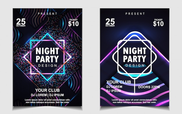 Diseño de volante o póster de música de fiesta de baile nocturno colorido