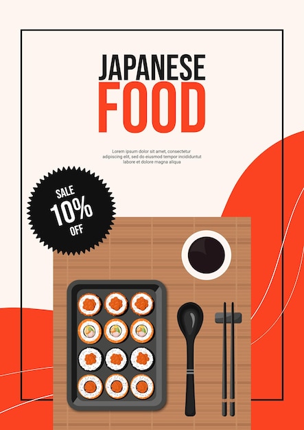 Vector diseño de volante con rollos en un plato comida japonesa menú de alimentación saludable concepto de comida publicidad de banner