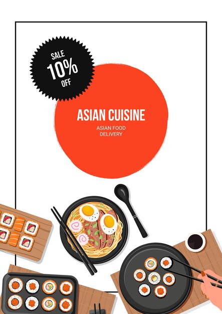 Diseño de volante con rollos de salsas de sushi y sopa de ramen Comida japonesa Comida saludable Menú de cocina Vector