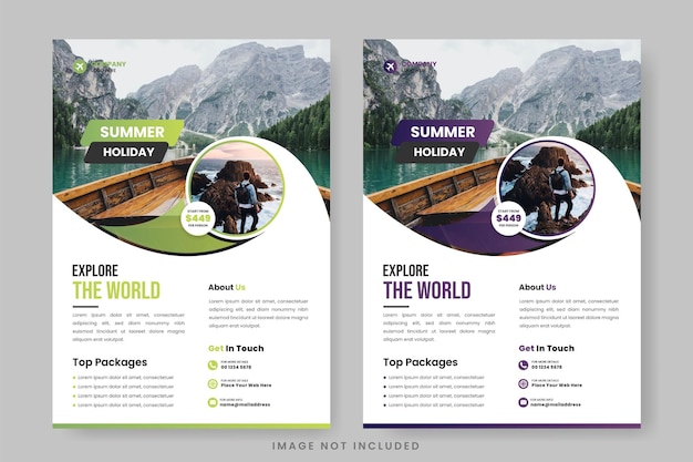 diseño de volante de vacaciones de viaje vectorial y plantilla de portada de folleto y póster de recorrido editable