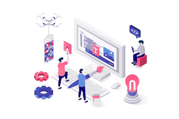 Diseño web 3d concepto isométrico en geometría diseño gráfico personas que crean una página web plantilla de marco de alambre llenando la página con ingeniería de contenido y interfaz de codificación en pantalla ilustración vectorial
