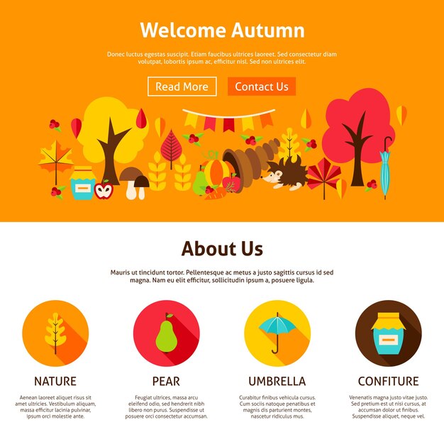 Diseño Web Bienvenido Otoño. Ilustración de vector de banner de sitio web. Concepto de temporada de otoño.