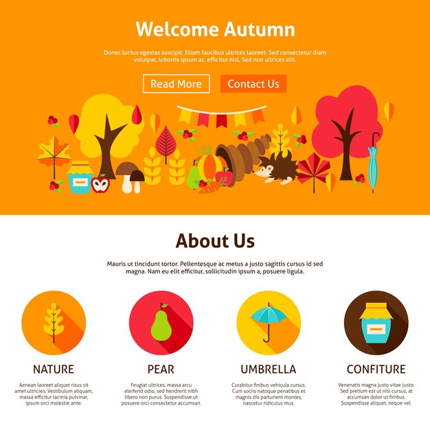 Diseño web bienvenido otoño. ilustración de vector de banner de sitio web. concepto de temporada de otoño.