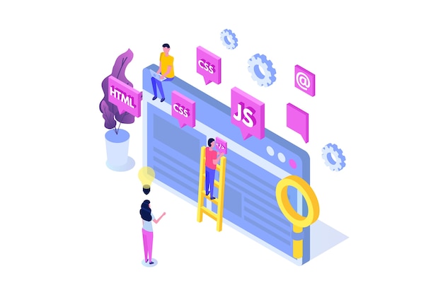 Diseño web y concepto isométrico de desarrollo front end.