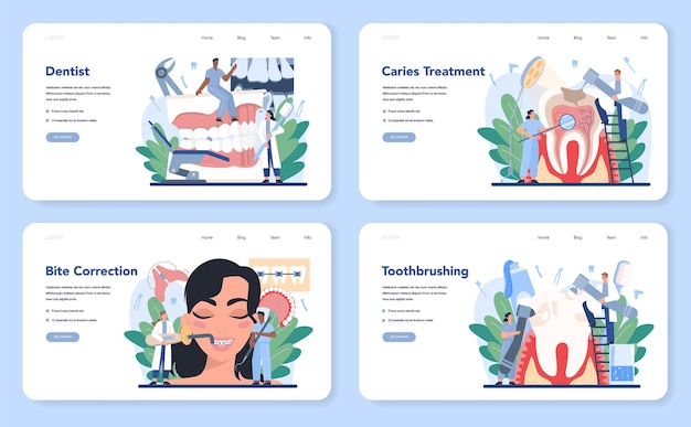 Diseño web de dentista o conjunto de página de destino. médico dental en uniforme que trata los dientes humanos con equipo médico. idea de cuidado dental y bucal. tratamiento de caries.