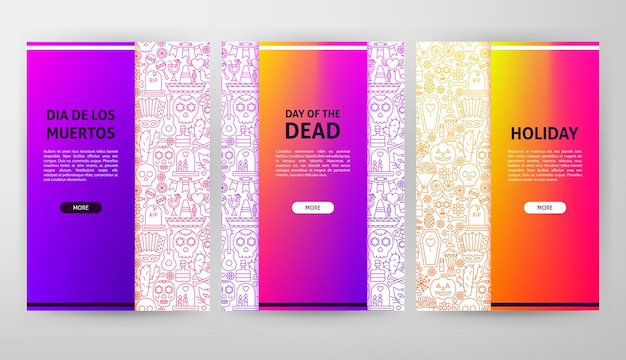 Diseño Web Folleto Día de Muertos. Ilustración de vector de banner de contorno.