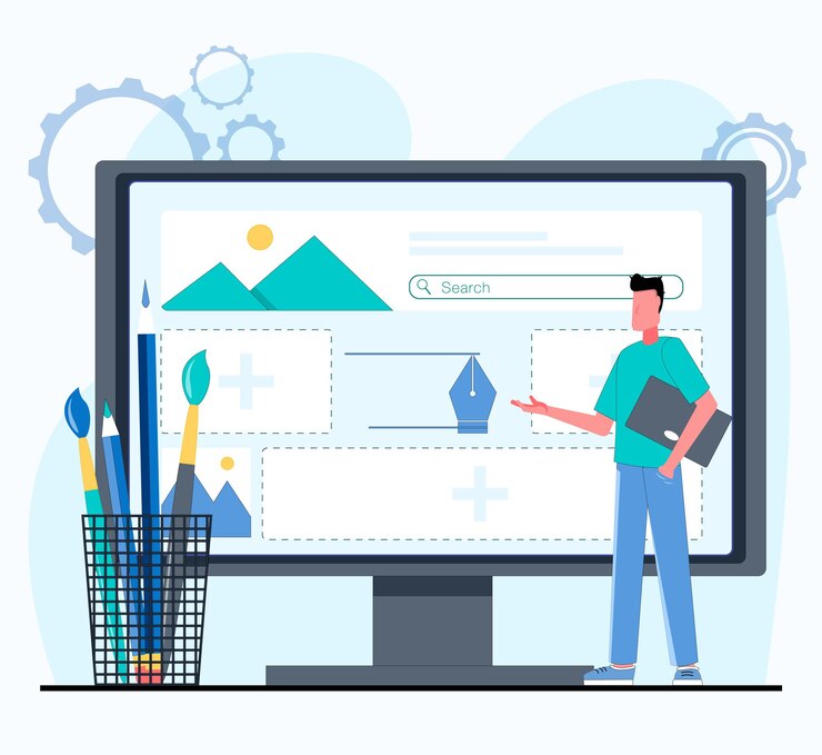 Vector diseño web un hombre hace diseño web al lado de un vaso con lápices y pinceles