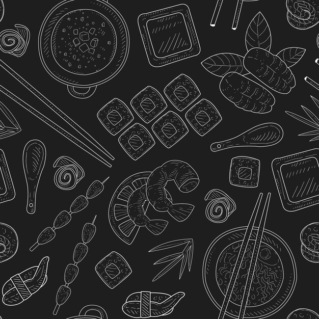 Diseño web de ilustración vectorial de comida japonesa sin costura dibujada a mano en pizarra