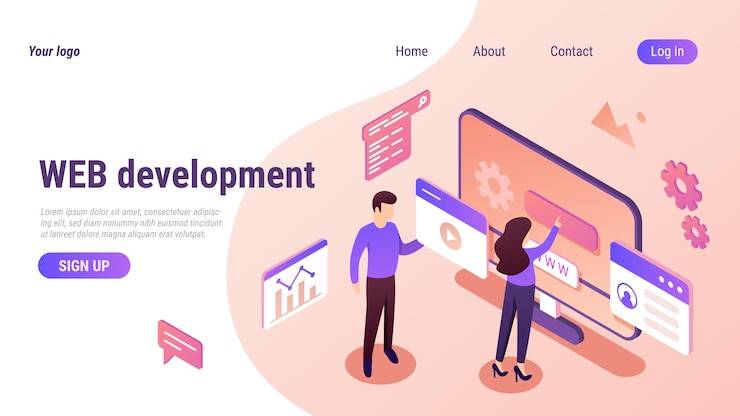 Vector diseño web isométrico página de aterrizaje del sitio web desarrollar contenido en 3d interfaz de producto de tecnología informática proyecto digital creativo ux ventana de navegador vector plantilla de banner en línea