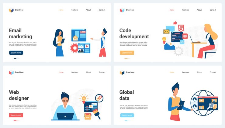 Vector diseño web de marketing de correo electrónico y desarrollo y creación de códigos de aplicaciones de grandes conjuntos de datos
