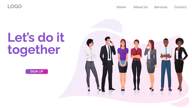 Diseño web de página de destino con personajes de negocios en trajes elegantes para sus proyectos