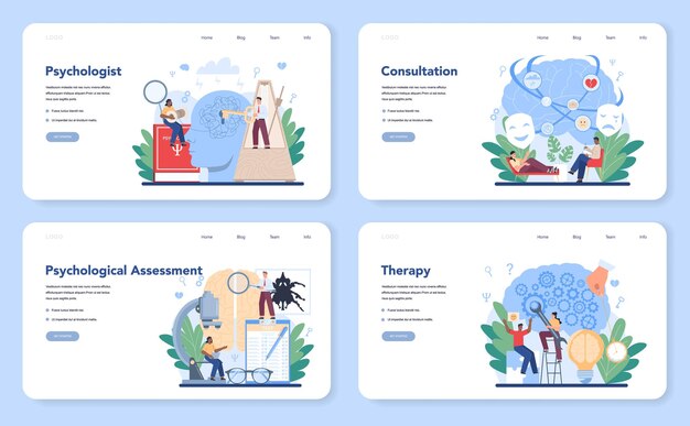 Diseño web psiquiatra o conjunto de página de destino. Diagnóstico de salud mental. Doctor que trata la mente humana. Apoyo psicologico. Problema con la mente.