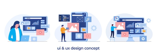 Diseño web, ui ux y programador con computadora, desarrollo de software, plantilla de vector de ilustración plana