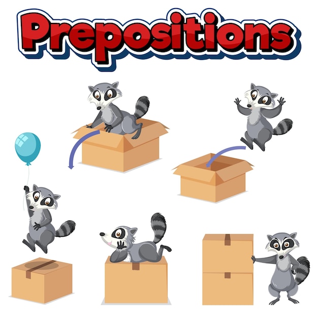 Diseño de wordcard de preposición con mapache y cajas.