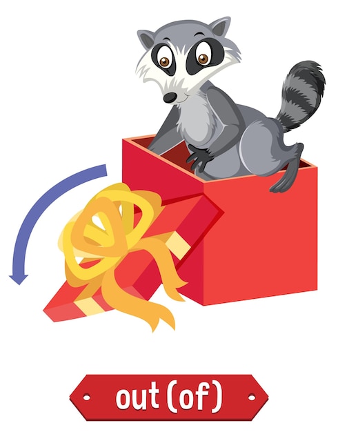 Diseño de wordcard de preposición con mapache fuera de la caja