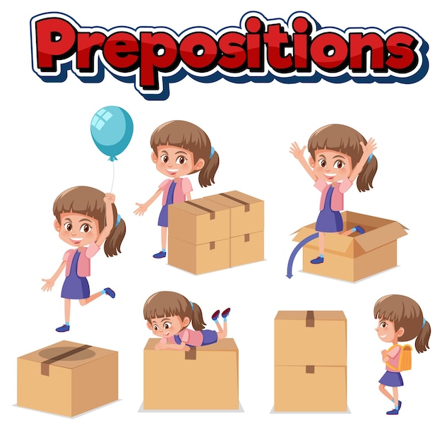 Diseño de wordcard de preposición con niña y cajas.