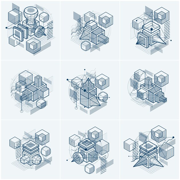 Diseños abstractos con formas y figuras de malla lineal 3d, fondos isométricos vectoriales. Cubos, hexágonos, cuadrados, rectángulos y diferentes elementos abstractos. colección de vectores.