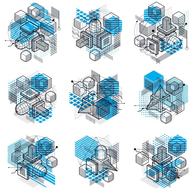 Diseños abstractos con formas y figuras de malla lineal 3d, fondos isométricos vectoriales. Cubos, hexágonos, cuadrados, rectángulos y diferentes elementos abstractos. colección de vectores.