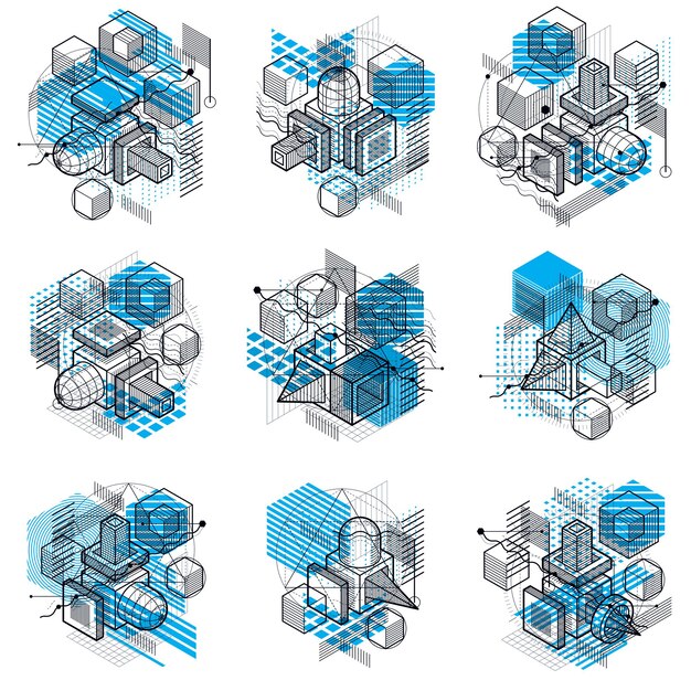 Diseños abstractos con formas y figuras de malla lineal 3d, fondos isométricos vectoriales. cubos, hexágonos, cuadrados, rectángulos y diferentes elementos abstractos. colección de vectores.