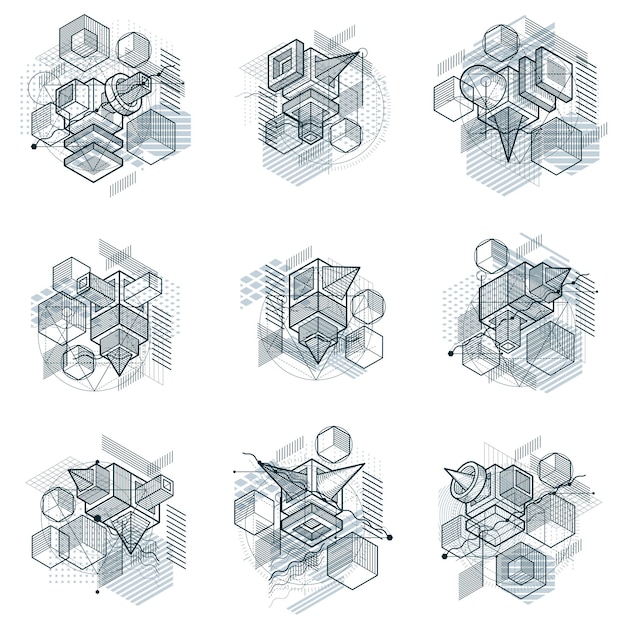 Diseños abstractos con formas y figuras de malla lineal 3d, fondos isométricos vectoriales. Cubos, hexágonos, cuadrados, rectángulos y diferentes elementos abstractos. colección de vectores.