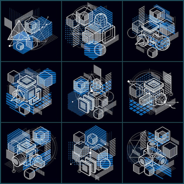 Diseños abstractos con formas y figuras de malla lineal 3d, fondos isométricos vectoriales. Cubos, hexágonos, cuadrados, rectángulos y diferentes elementos abstractos. Colección de vectores.