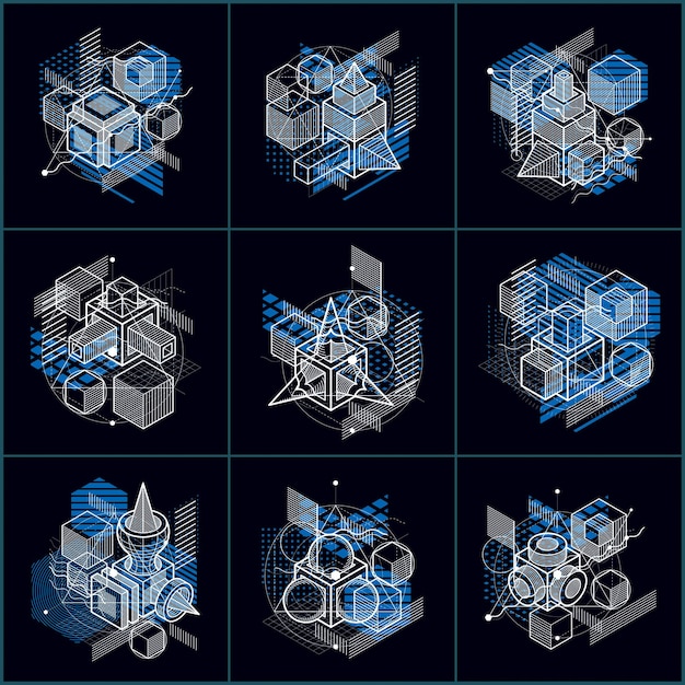 Diseños abstractos con formas y figuras de malla lineal 3d, fondos isométricos vectoriales. Cubos, hexágonos, cuadrados, rectángulos y diferentes elementos abstractos. Colección de vectores.