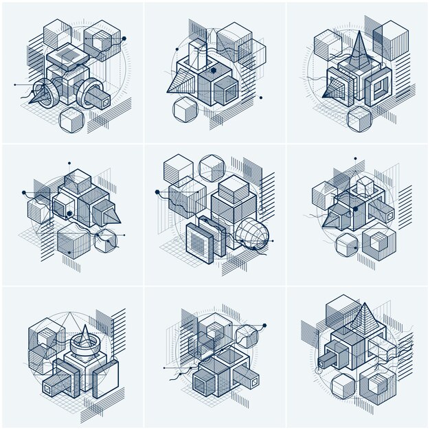Diseños abstractos con formas y figuras de malla lineal 3d, fondos isométricos vectoriales. Cubos, hexágonos, cuadrados, rectángulos y diferentes elementos abstractos. colección de vectores.